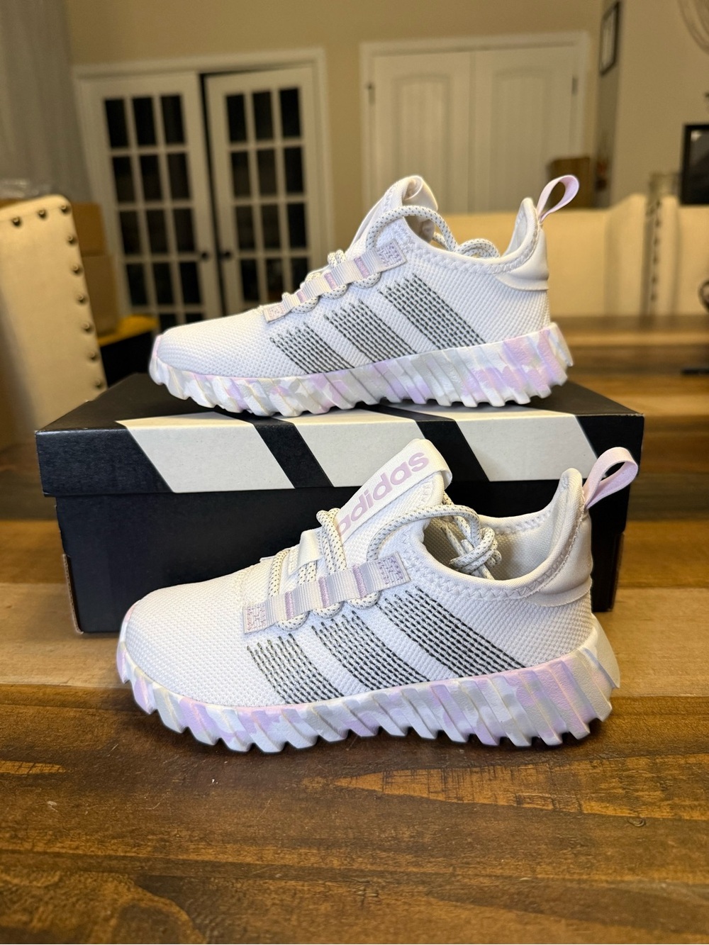 adidas Kids White Sneakers with Light Pink Accents